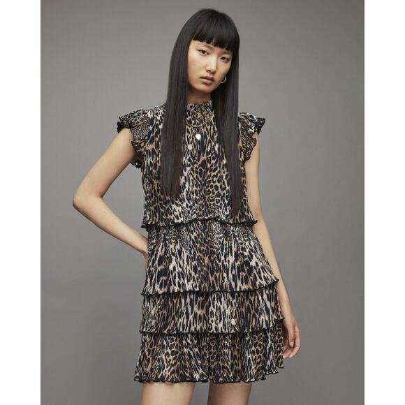 All Saints Antheia Kiku Animal Print Tiered Mini Dress Size 4 NWT